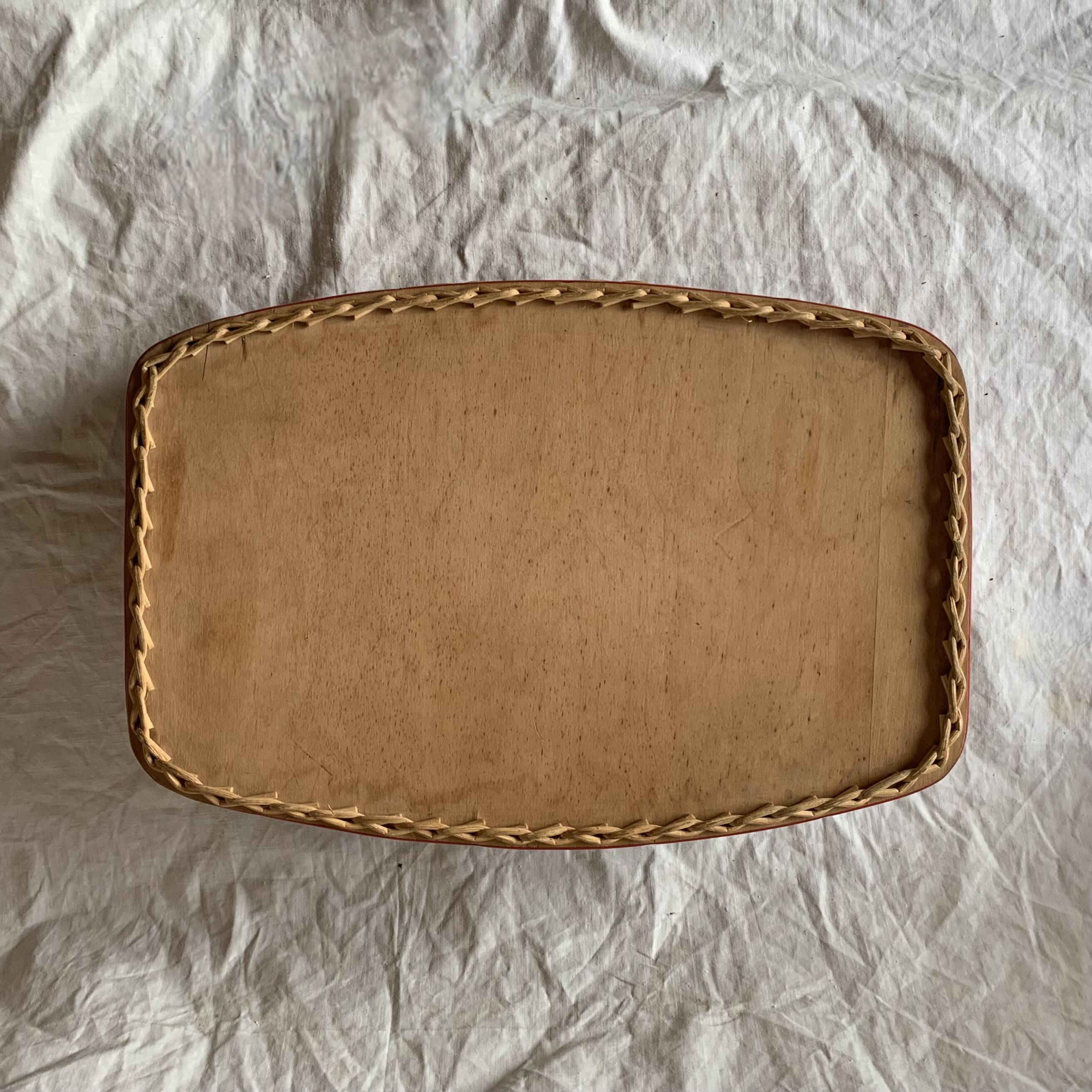 Vintage rattan tray, red Formica and scoubidou