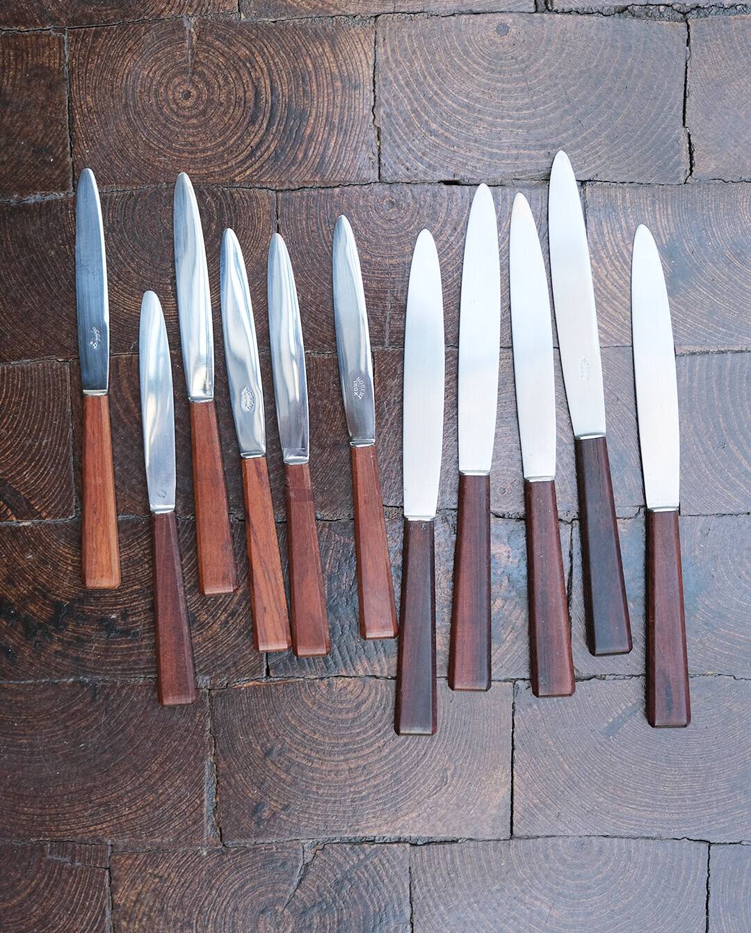 Nogent knives, teak handles, vintage (6 small, 5 large)