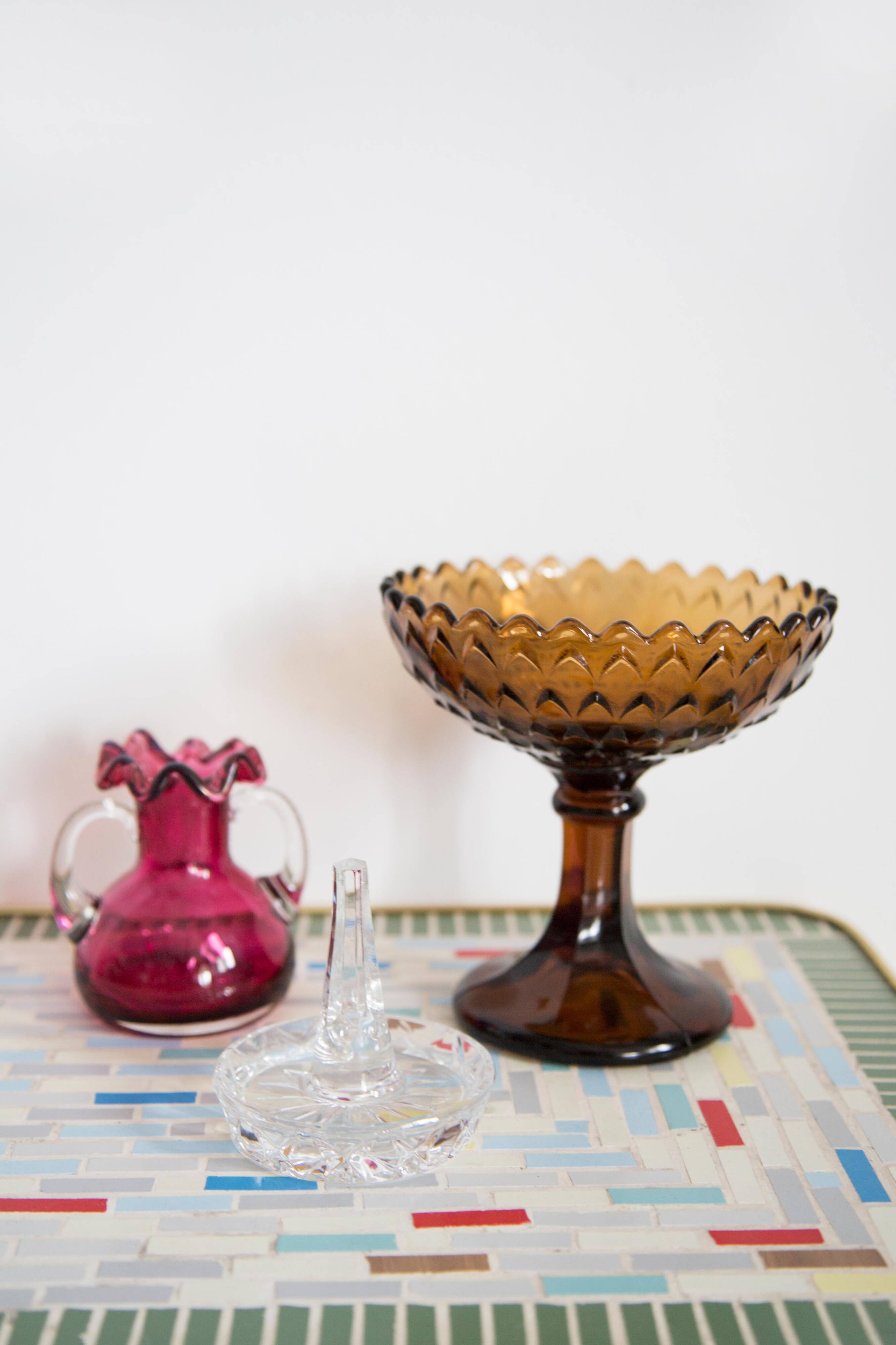 Vintage glass sugar bowl in brown, yellow, and orange, Italy, 1960s.