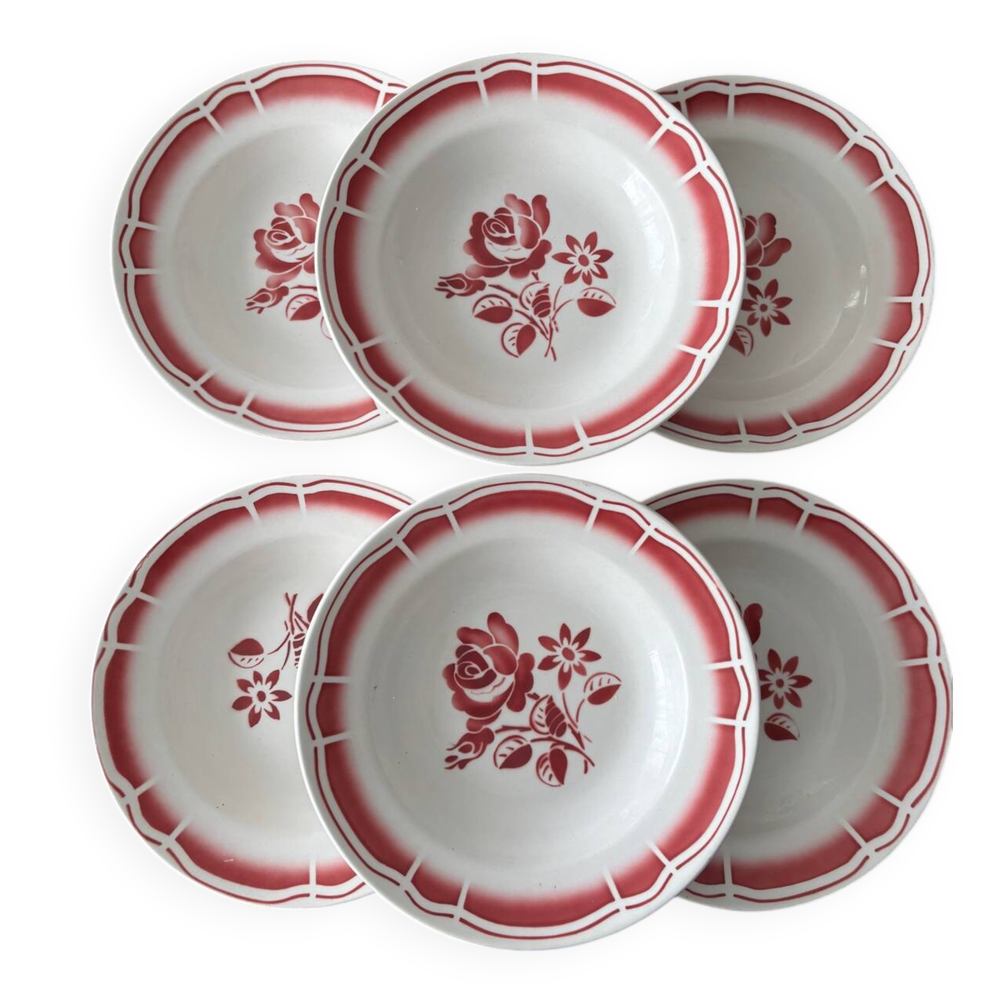 Set of 6 Badonviller red deep plates – Vintage bistro crockery