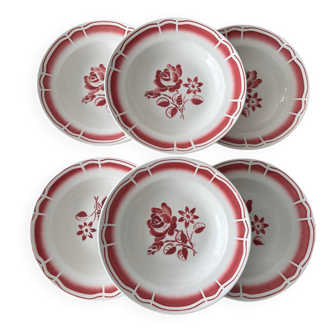 Set of 6 Badonviller red deep plates – Vintage bistro crockery