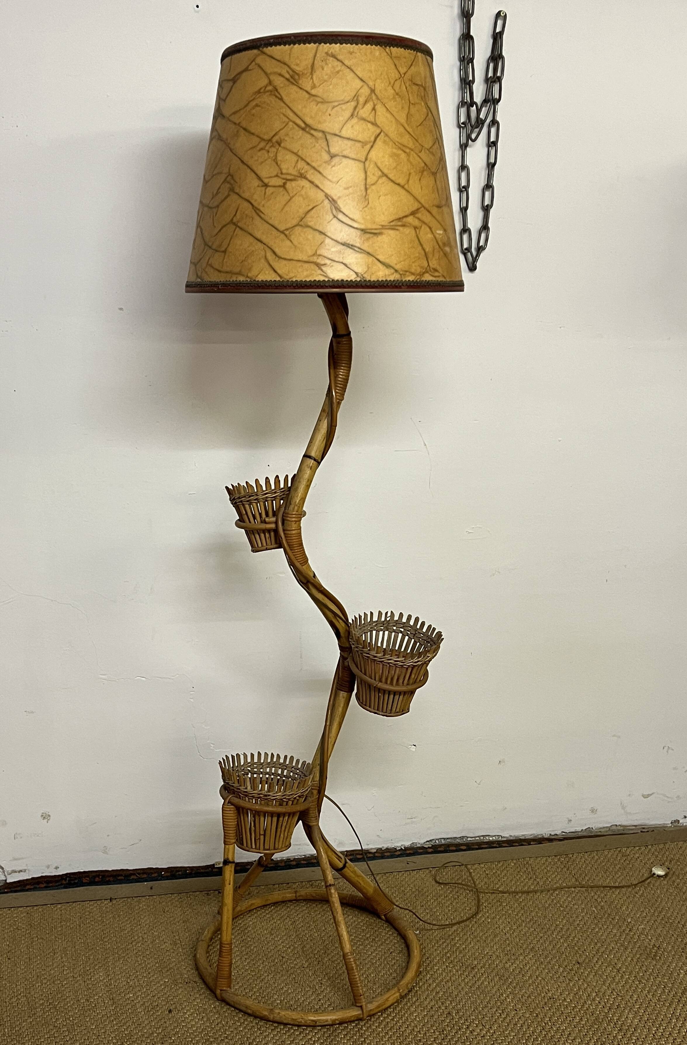 Rattan and bamboo plant holder floor lamp from the 70s