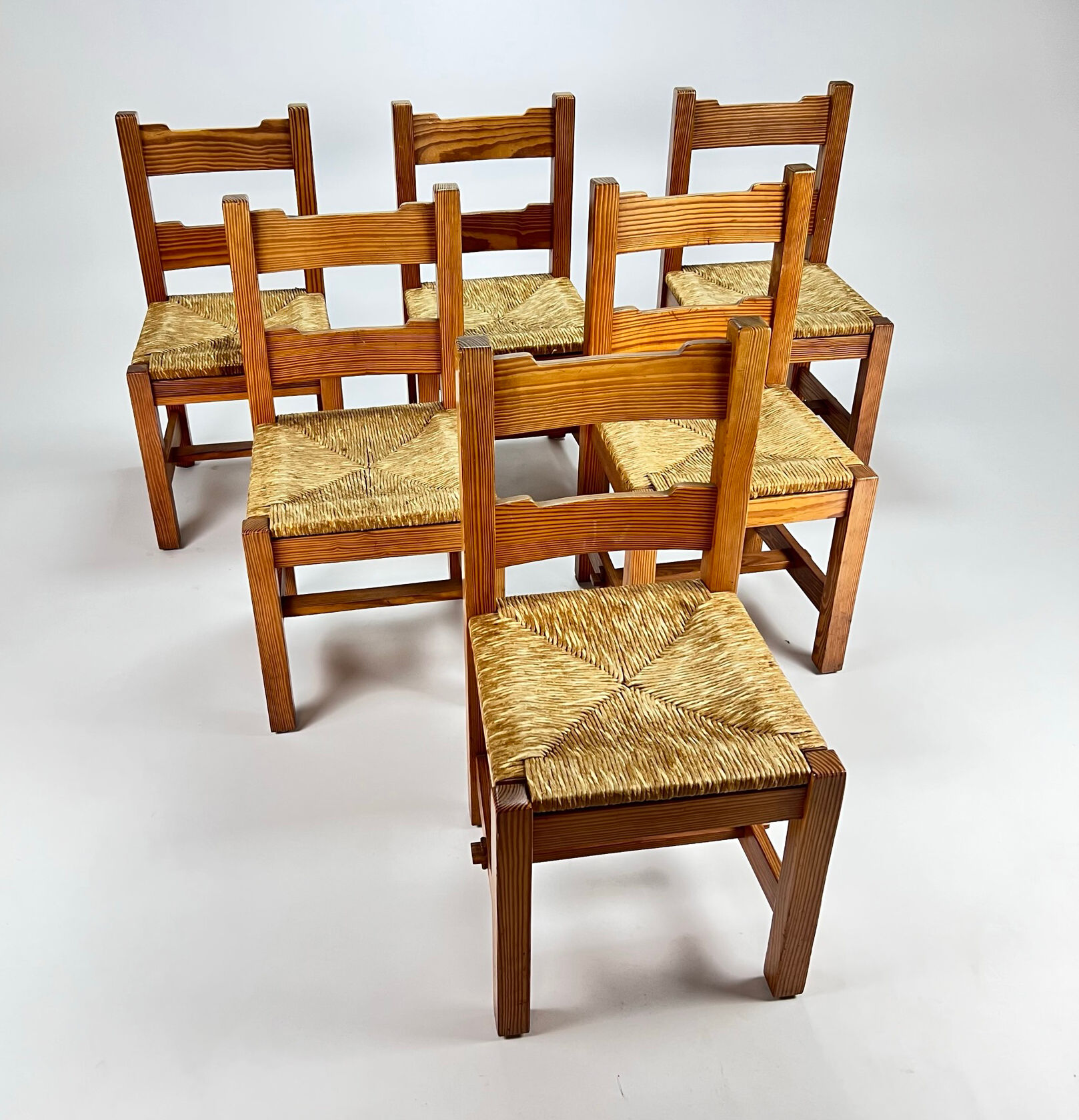 Mid century pine and rush dining chairs, set of 6, 1960s