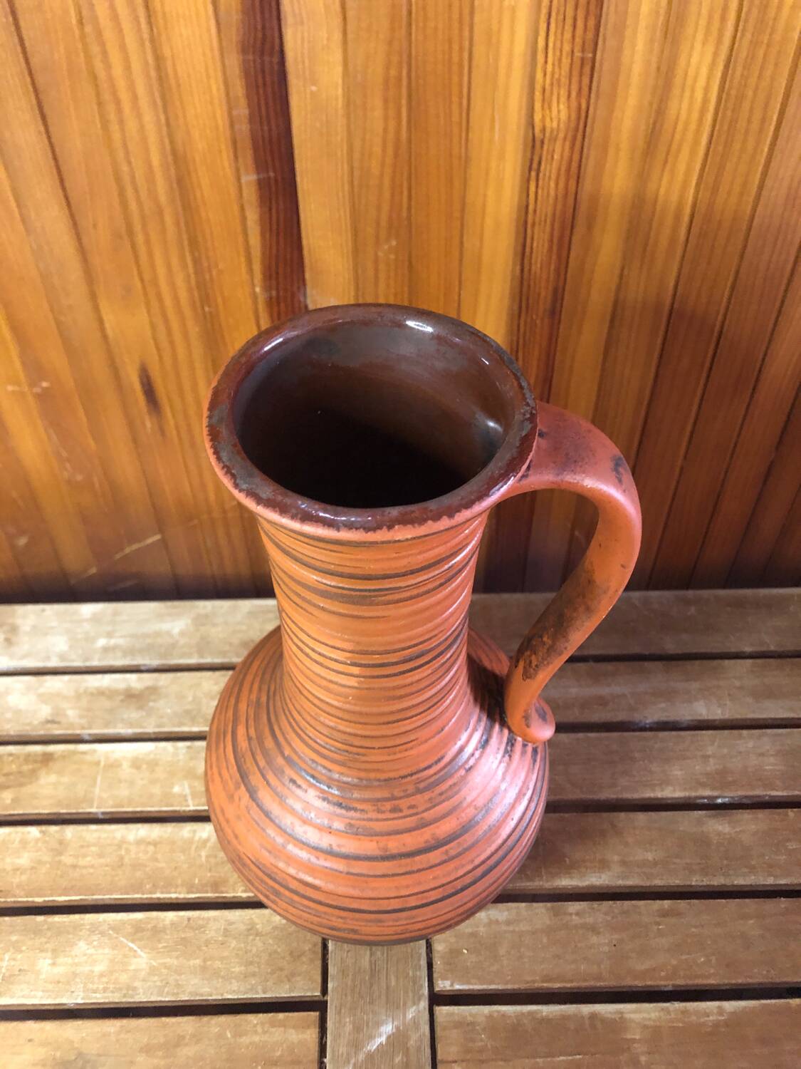 Old brown & orange ceramic pitcher vase w. germany vintage #a470