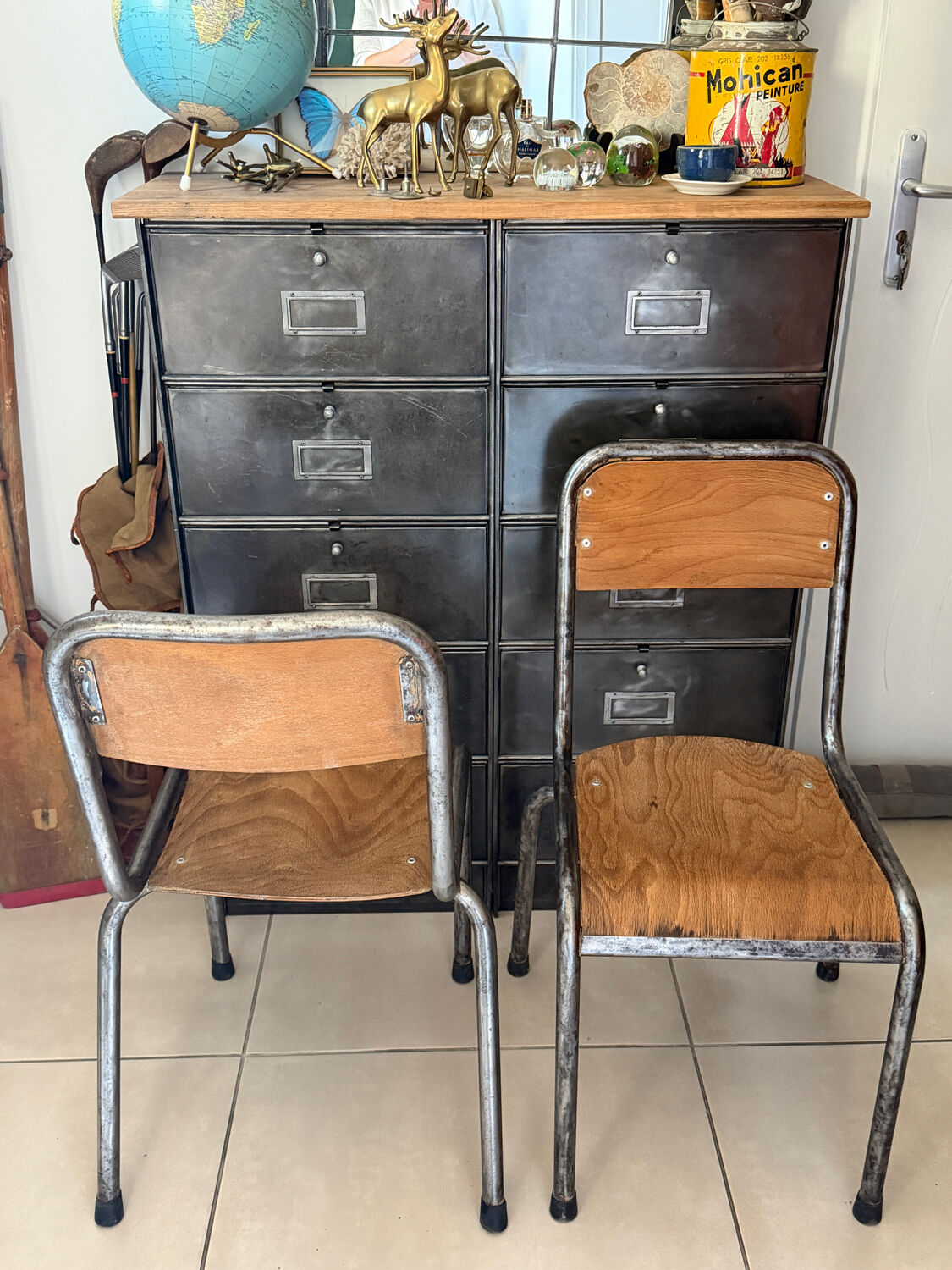 Pair of vintage adult school chairs in patinated metal