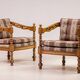 Pair of Giorgetti "1975 Gallery" armchairs in carved wood, original upholstery.