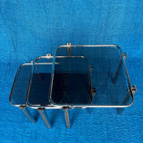 SET OF 3 NESTING TABLES WITH CHROME METAL DOUBLE BASE AND SMOKED GLASS