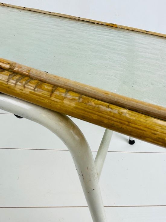 Vintage rattan and glass table with 70s steel frame