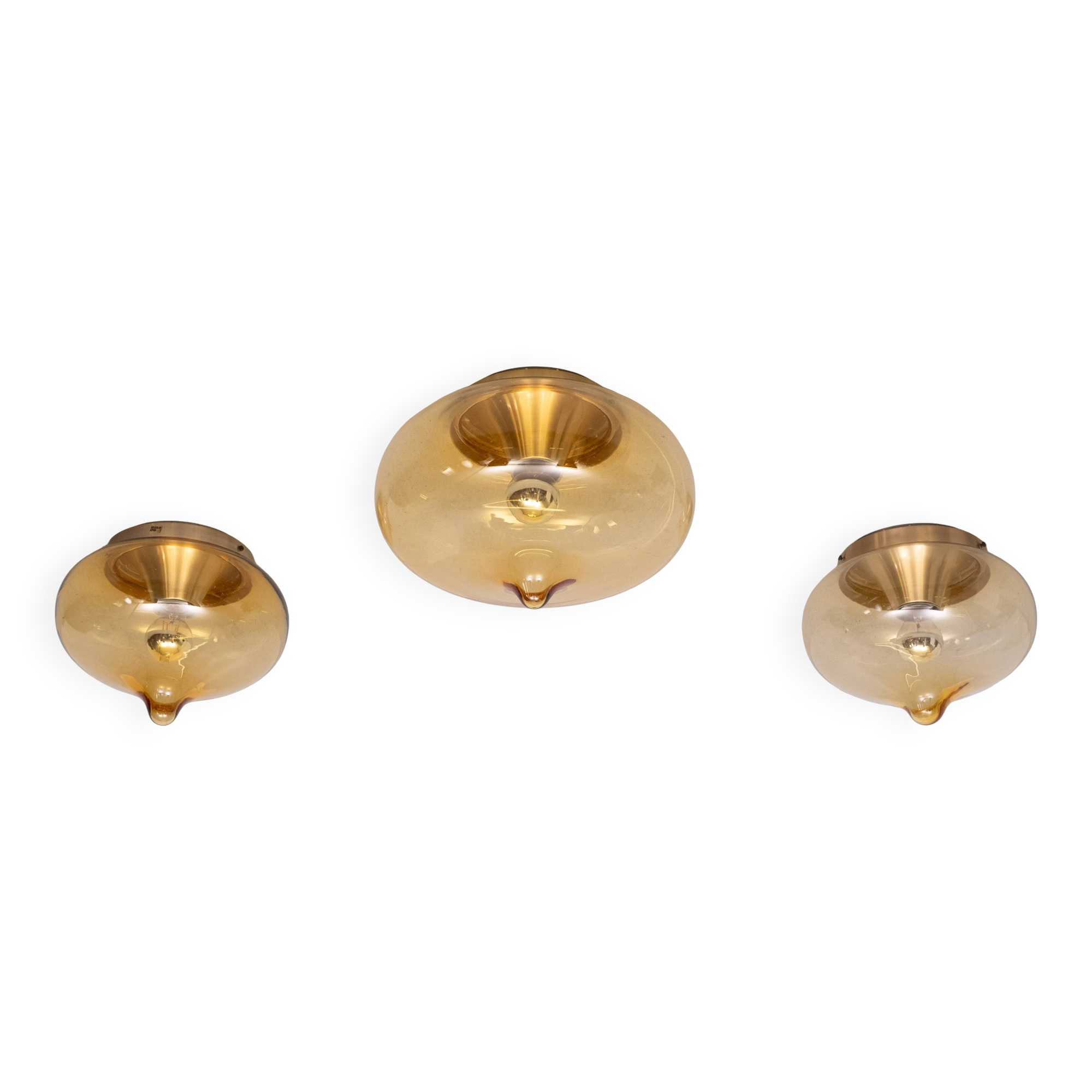 3 plafonniers en verre fumé par Dijkstra Lamps, années 1970
