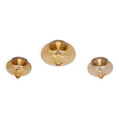 3 plafonniers en verre fumé par Dijkstra Lamps, années 1970