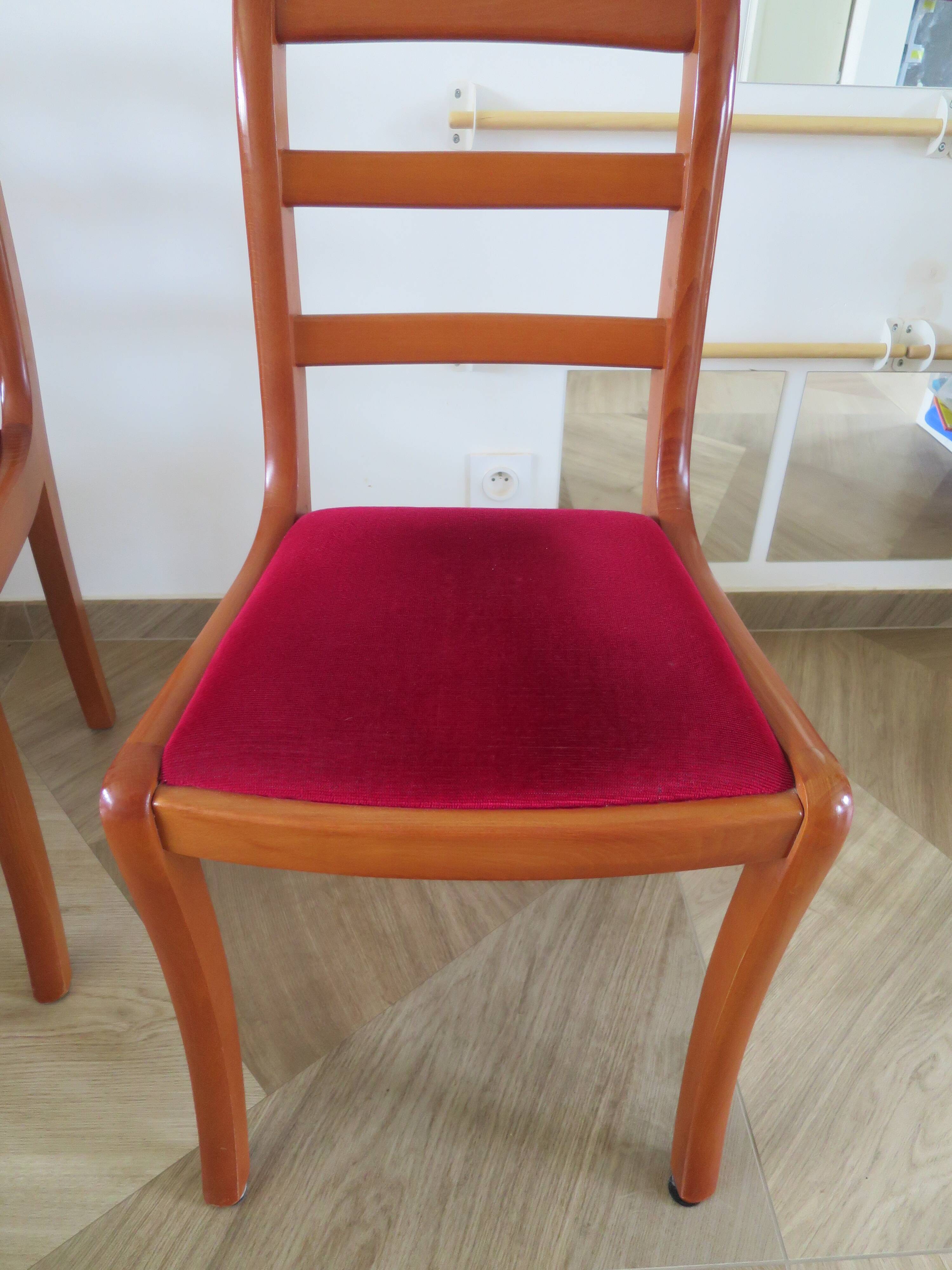 Solid cherry wood chairs and red velvet seat - Set of 4 - Louis Philippe style