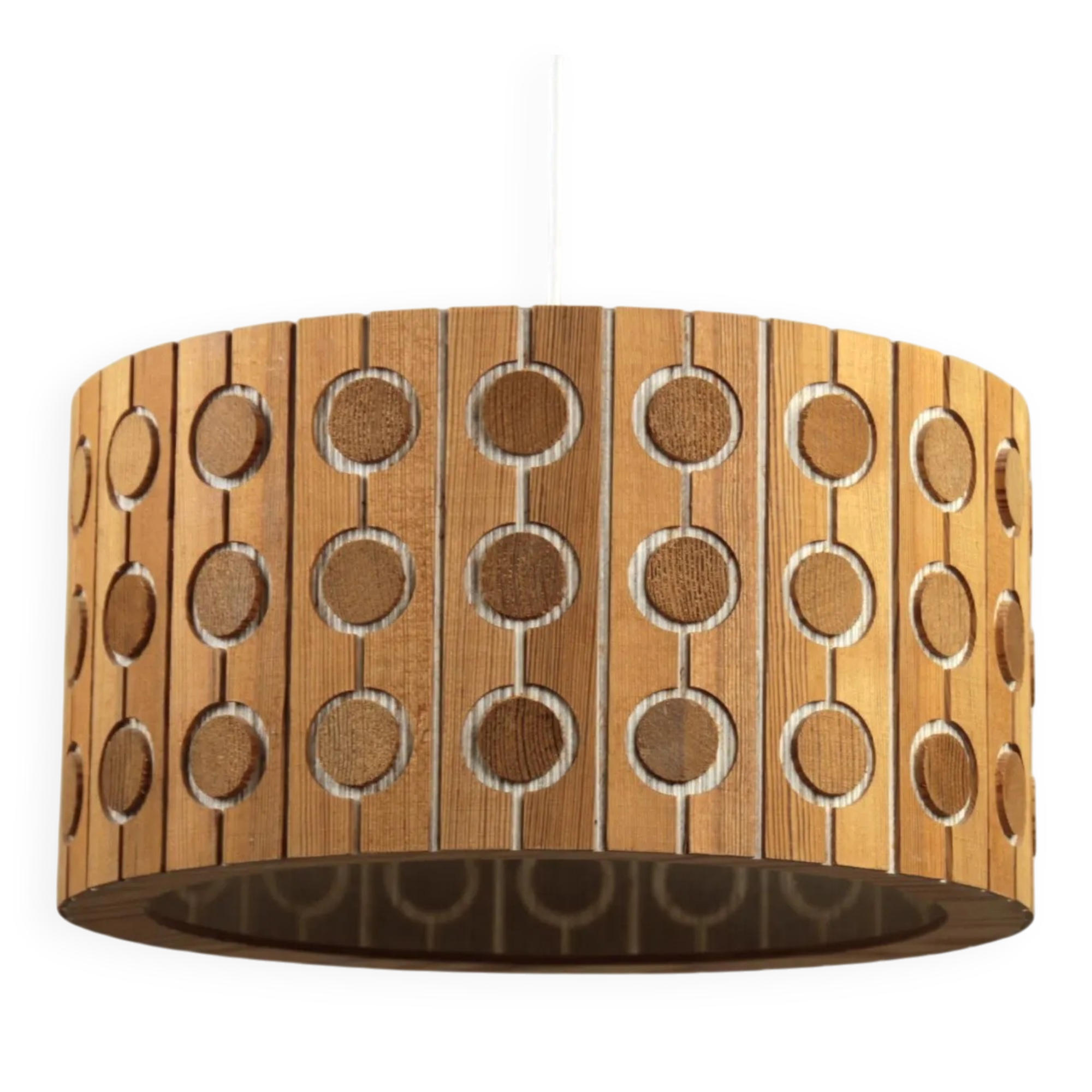 Pine Pendant Lamp – Cylindrical with Circle Pattern, Scandinavia – 1960s/1970s