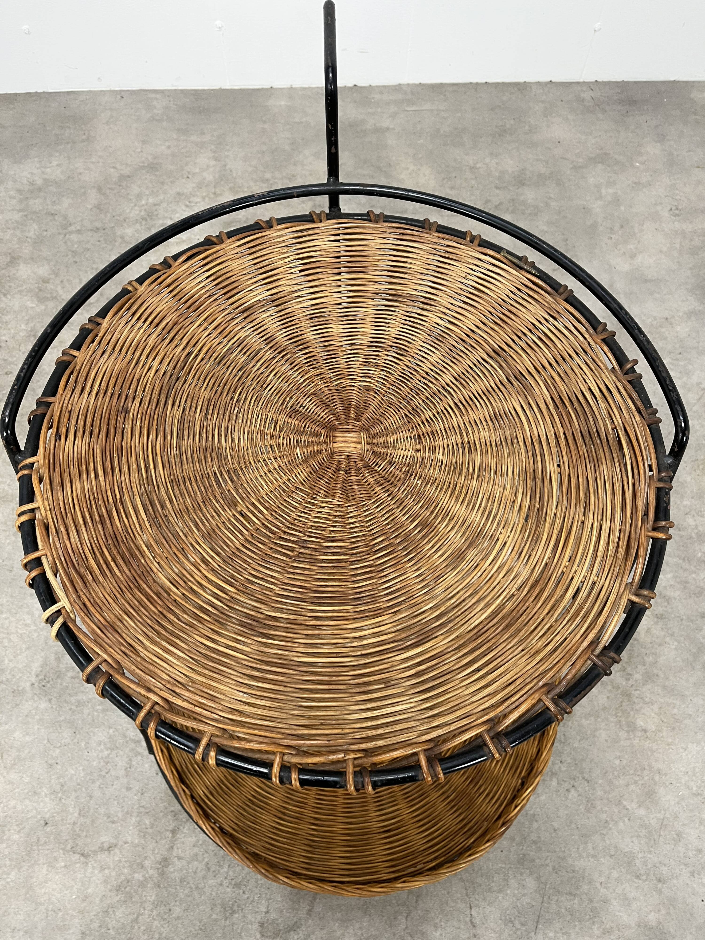 Raoul Guys style metal and rattan serving trolley from the 50s