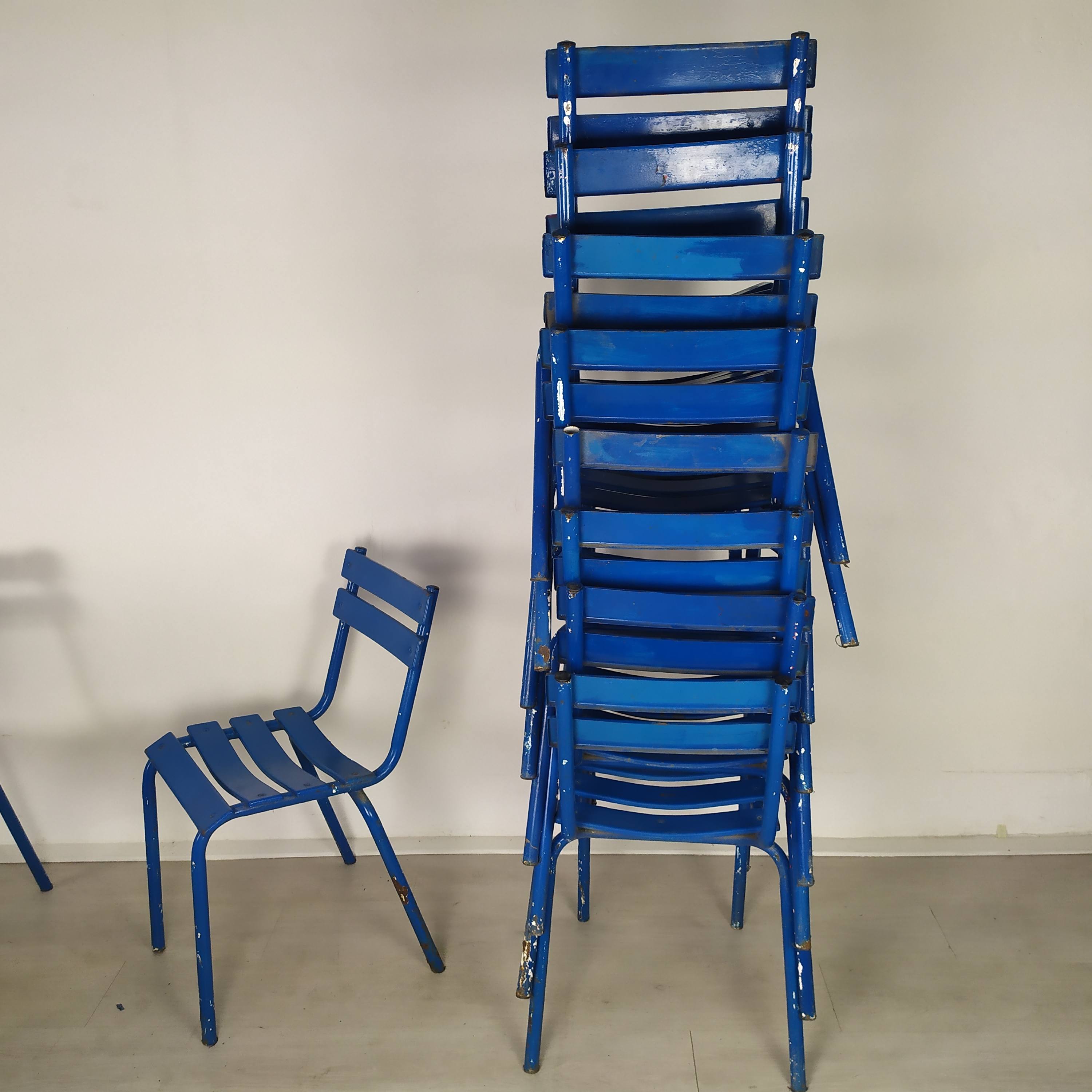 14 blue metal bistro chairs
