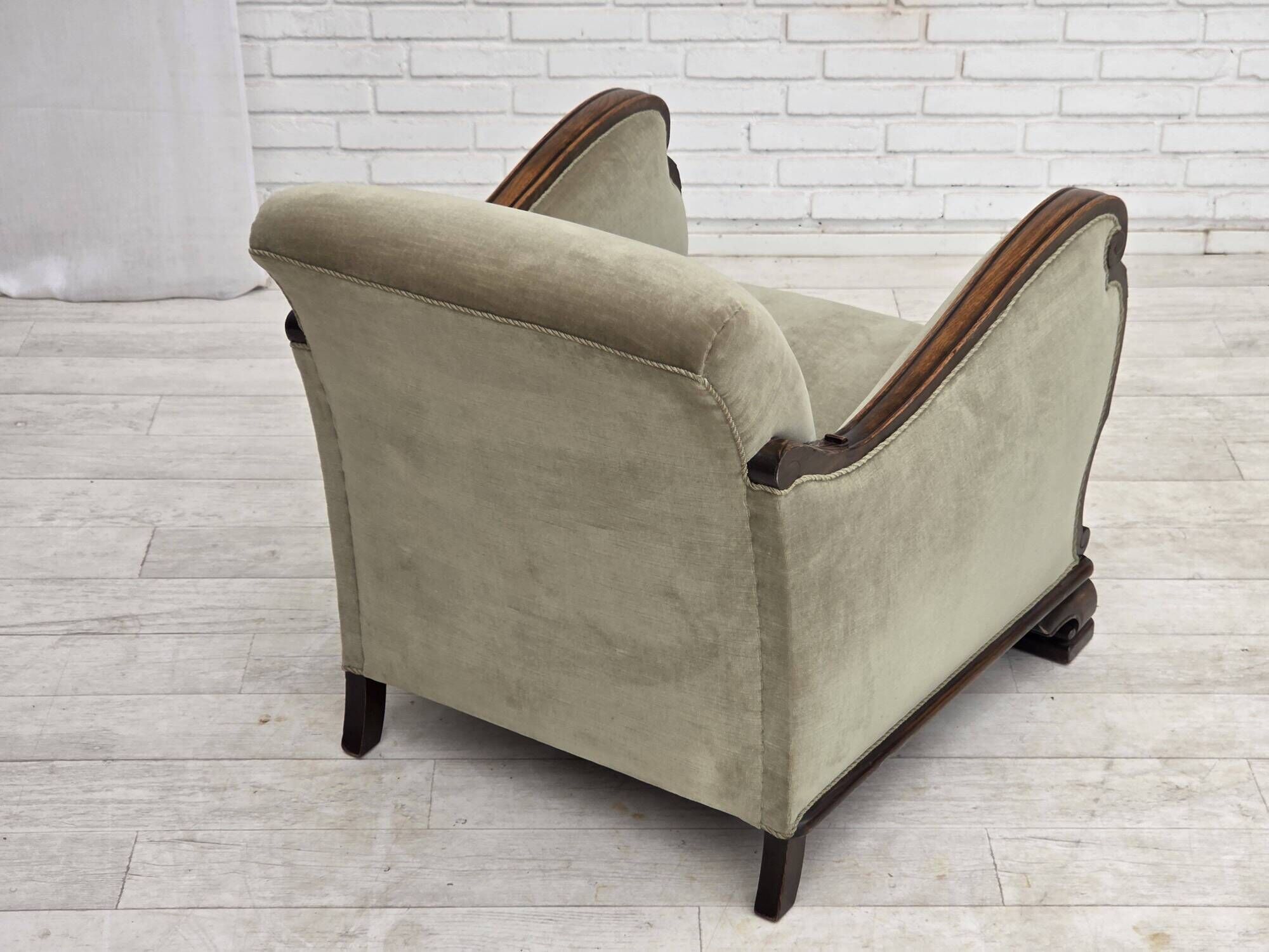 1950s, Danish relax armchair, furniture velour, carved oak wood.