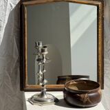 Small antique English rectangular mirror with pediment and oak frame