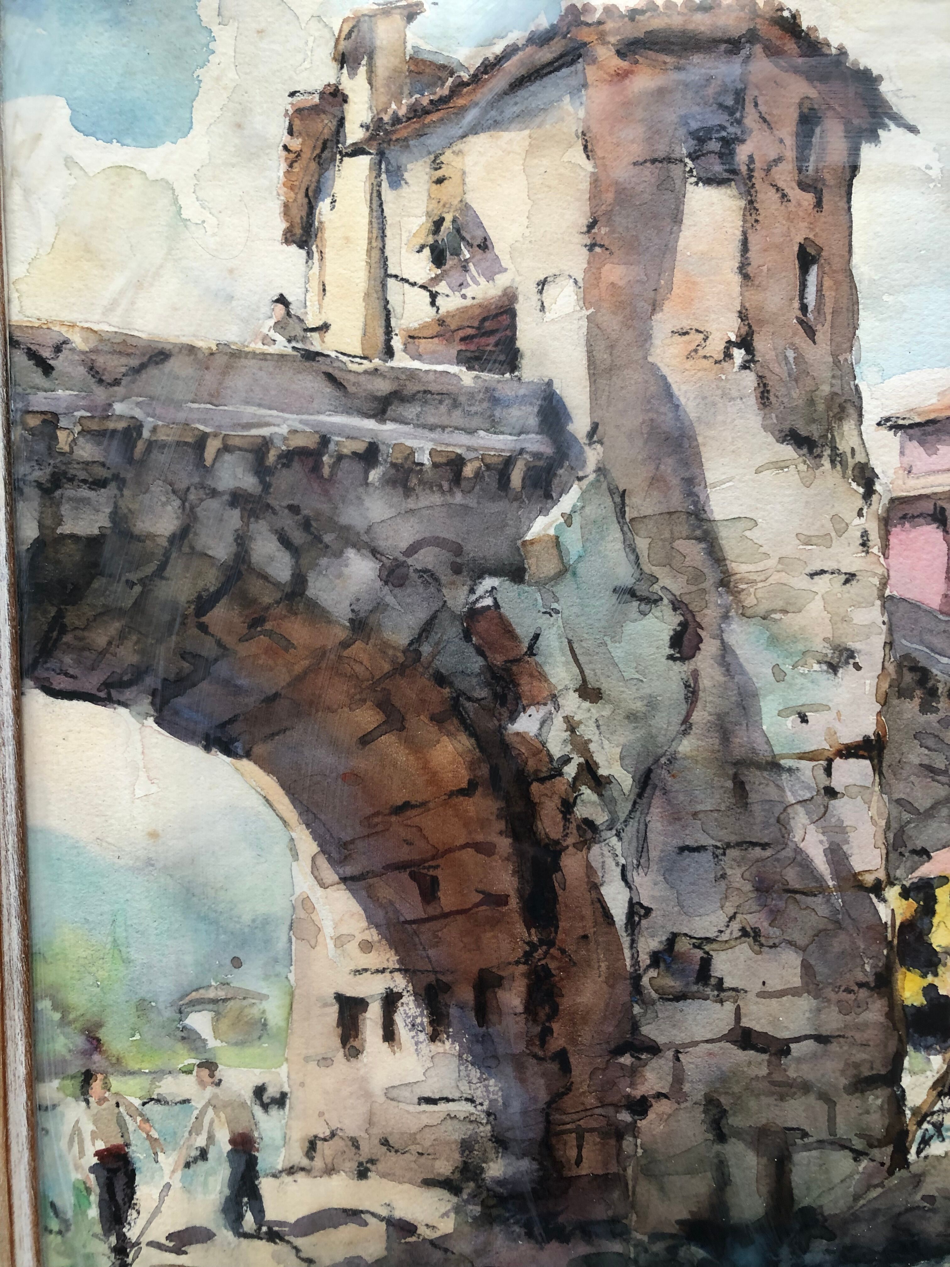 Watercolor bridge over the bevera in sospel by georges chappuis 1940, alpes maritimes 06, painting frame
