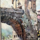 Watercolor bridge over the bevera in sospel by georges chappuis 1940, alpes maritimes 06, painting frame