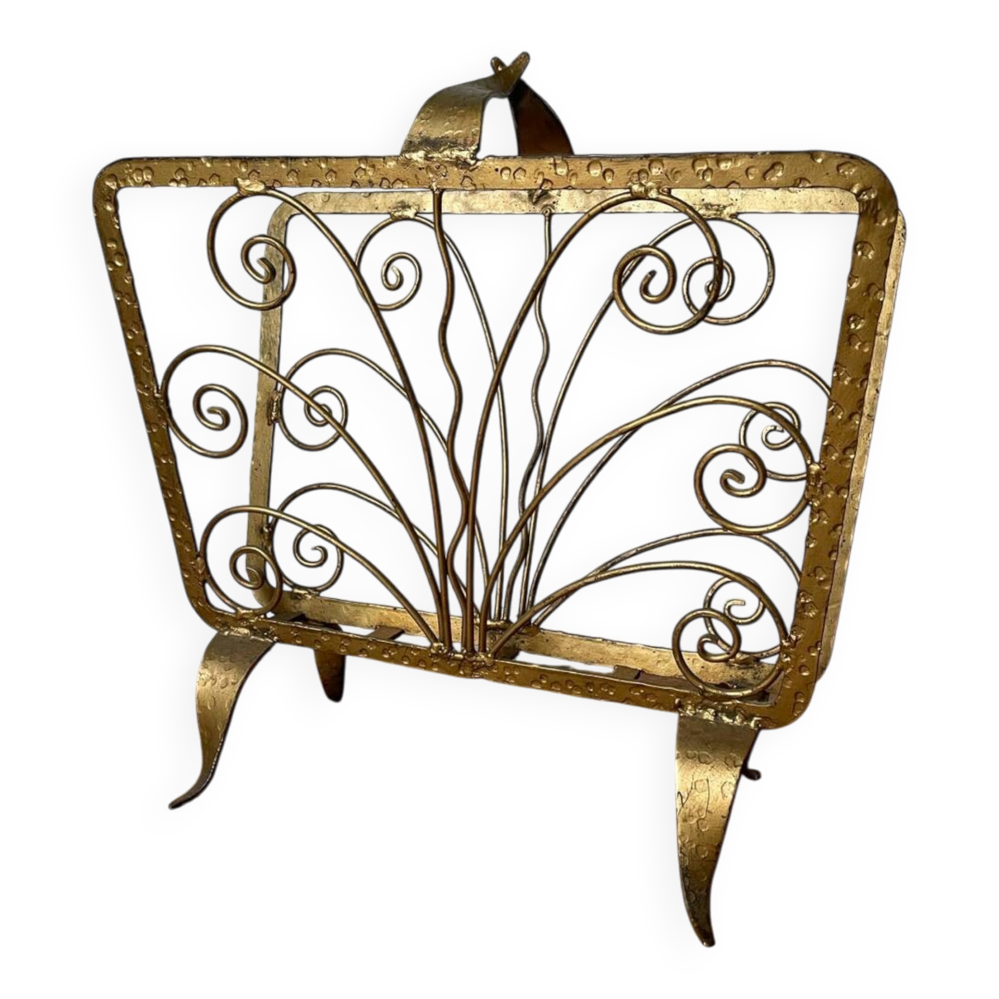 Vintage wrought iron magazine rack with gold butterfly design
