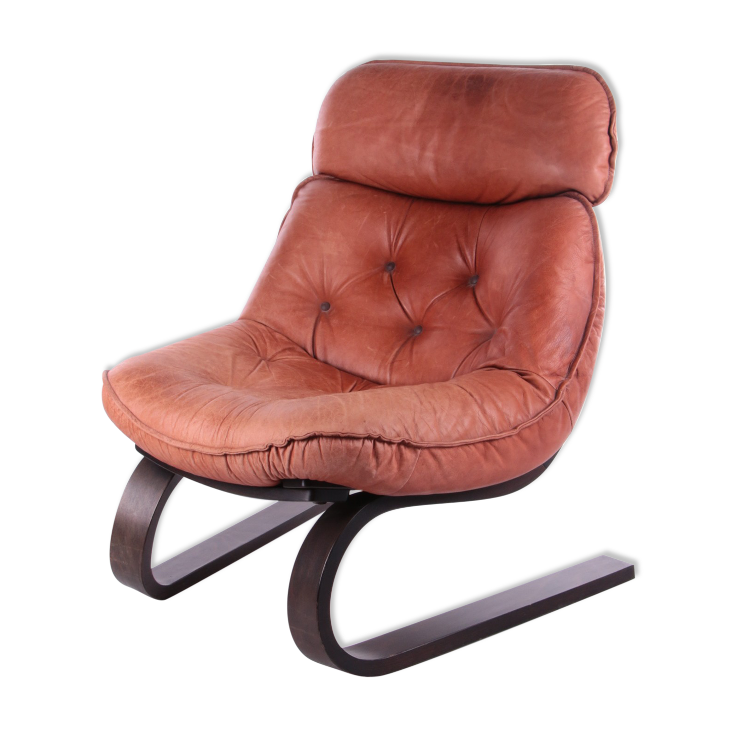 Vintage Brazilian Armchair with Cognac color leather seat cushion, 70s