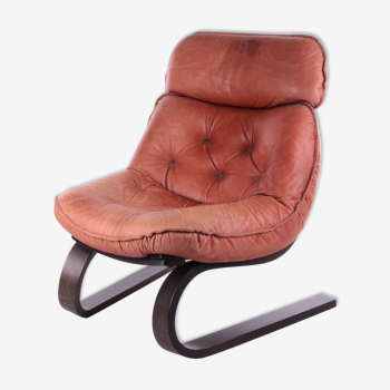 Fauteuil brésilien vintage avec coussin d’assise en cuir de couleur Cognac, années 70