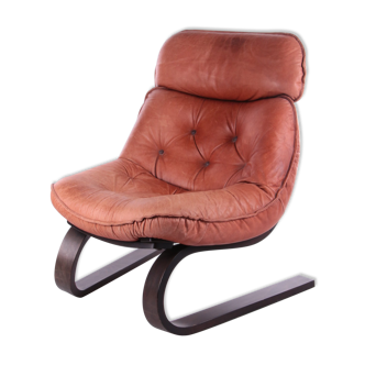 Fauteuil brésilien vintage avec coussin d’assise en cuir de couleur Cognac, années 70