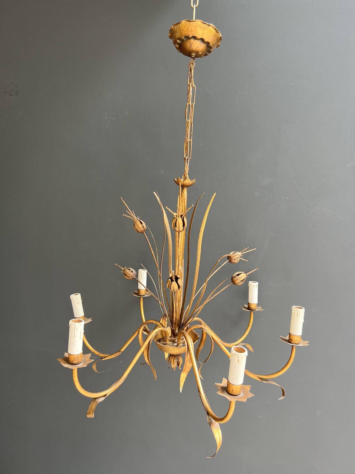 Golden Metal Chandelier with Reed Bouquet Decoration. Coco Chanel Style. Work