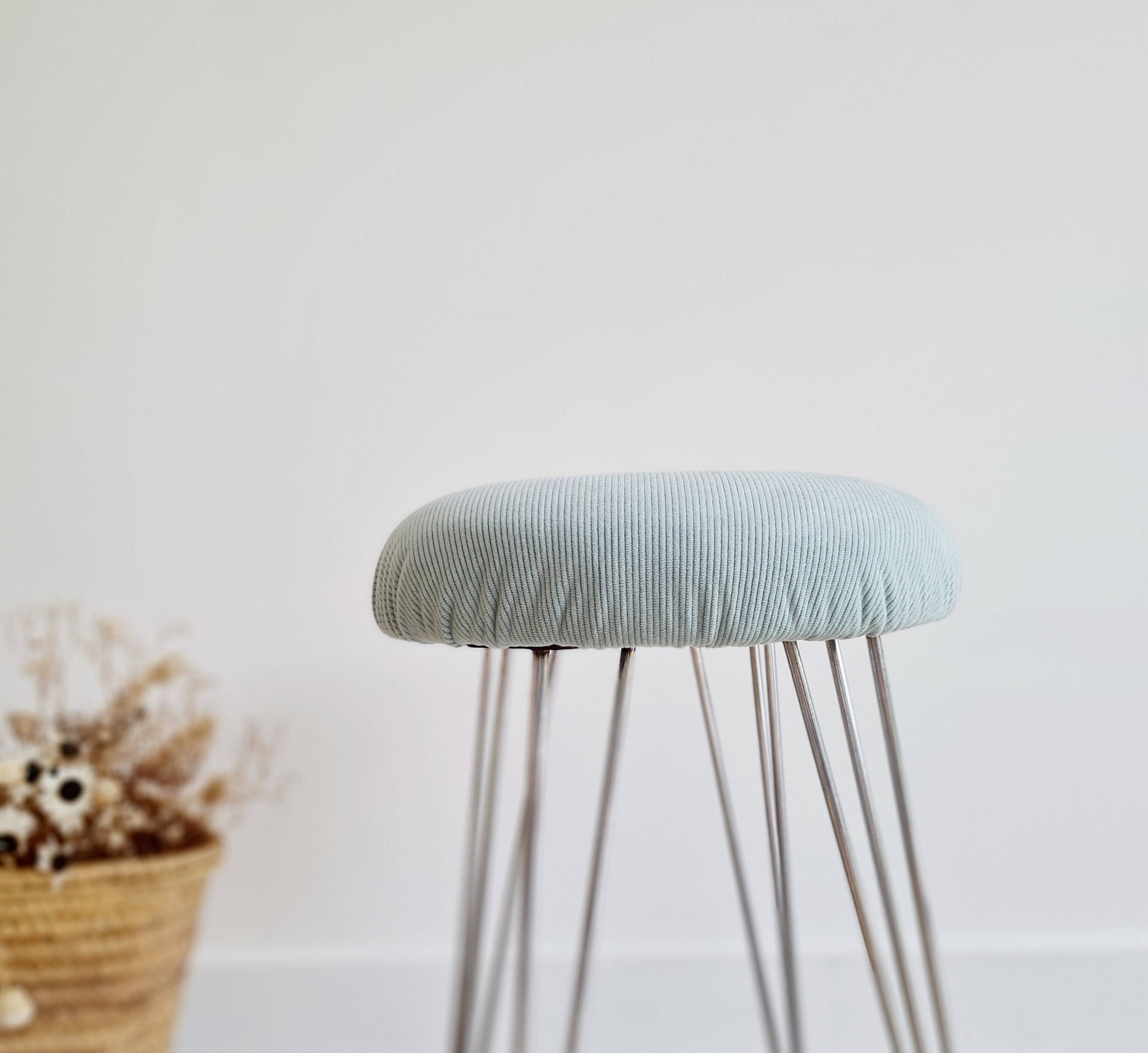 Antique metal and blue velvet stool, 1960s