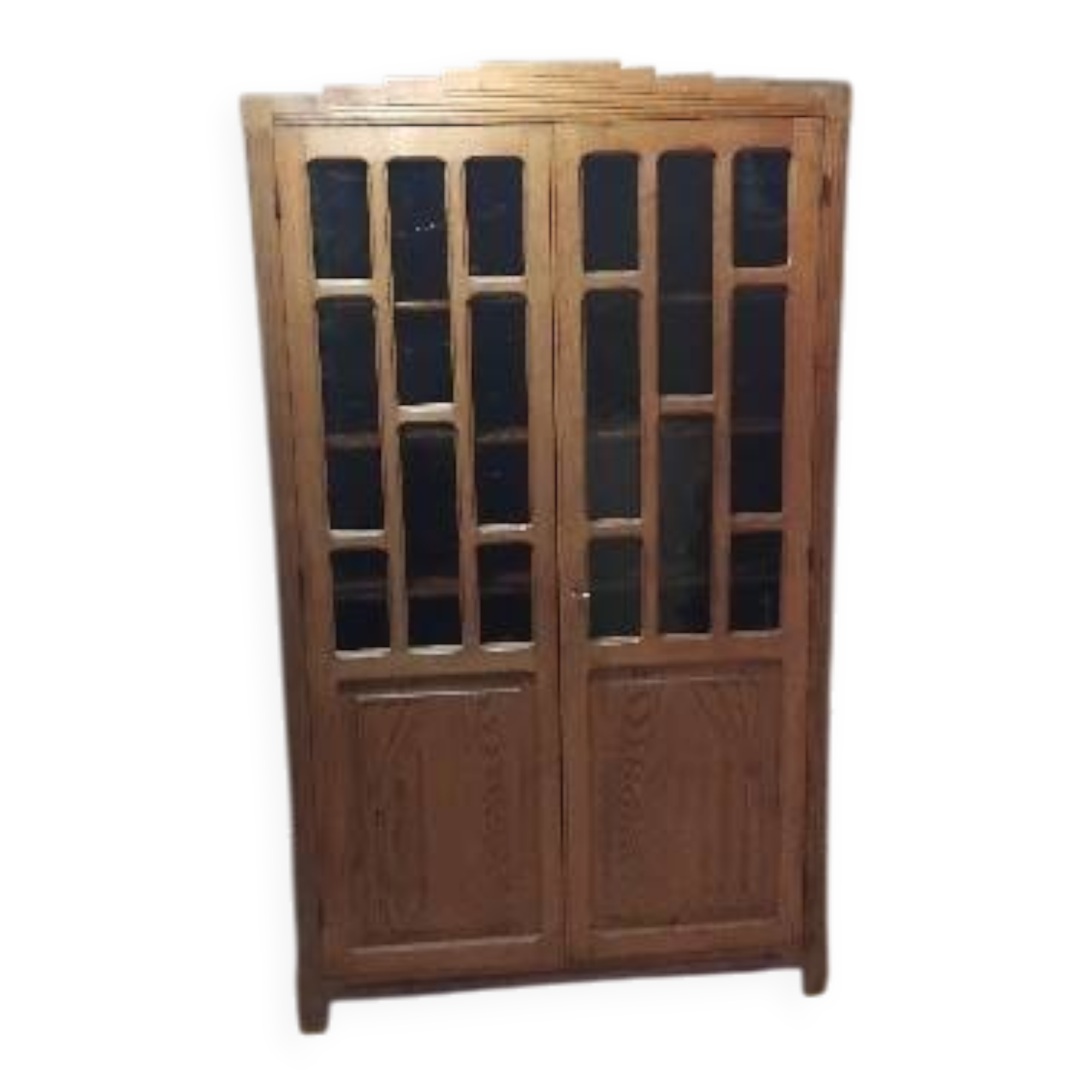 Parisian glass-fronted cabinet, Art Deco vintage bookshelf, solid oak furniture.