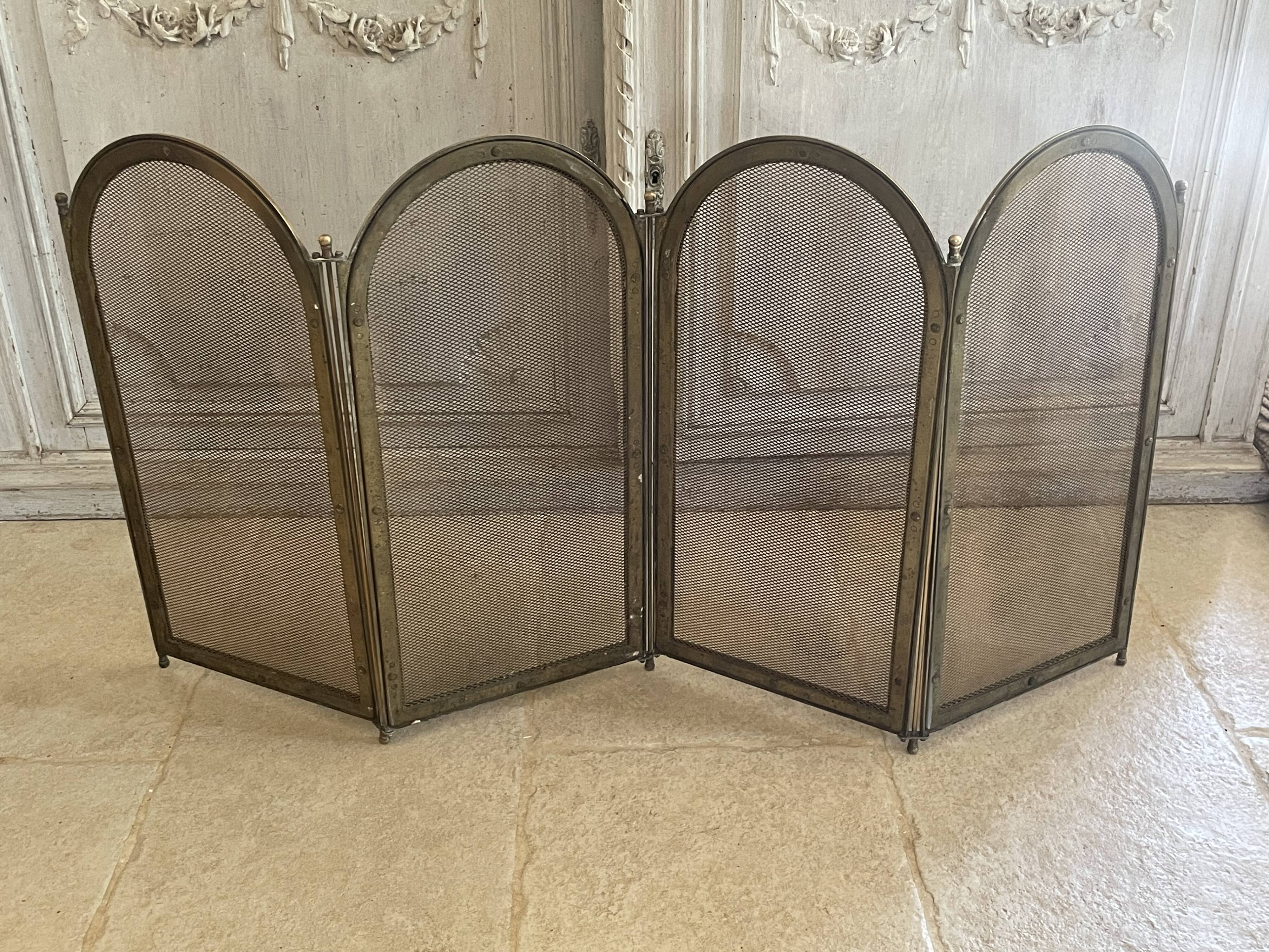 Vintage brass fireplace screen, folding spark guard with 4 panels,