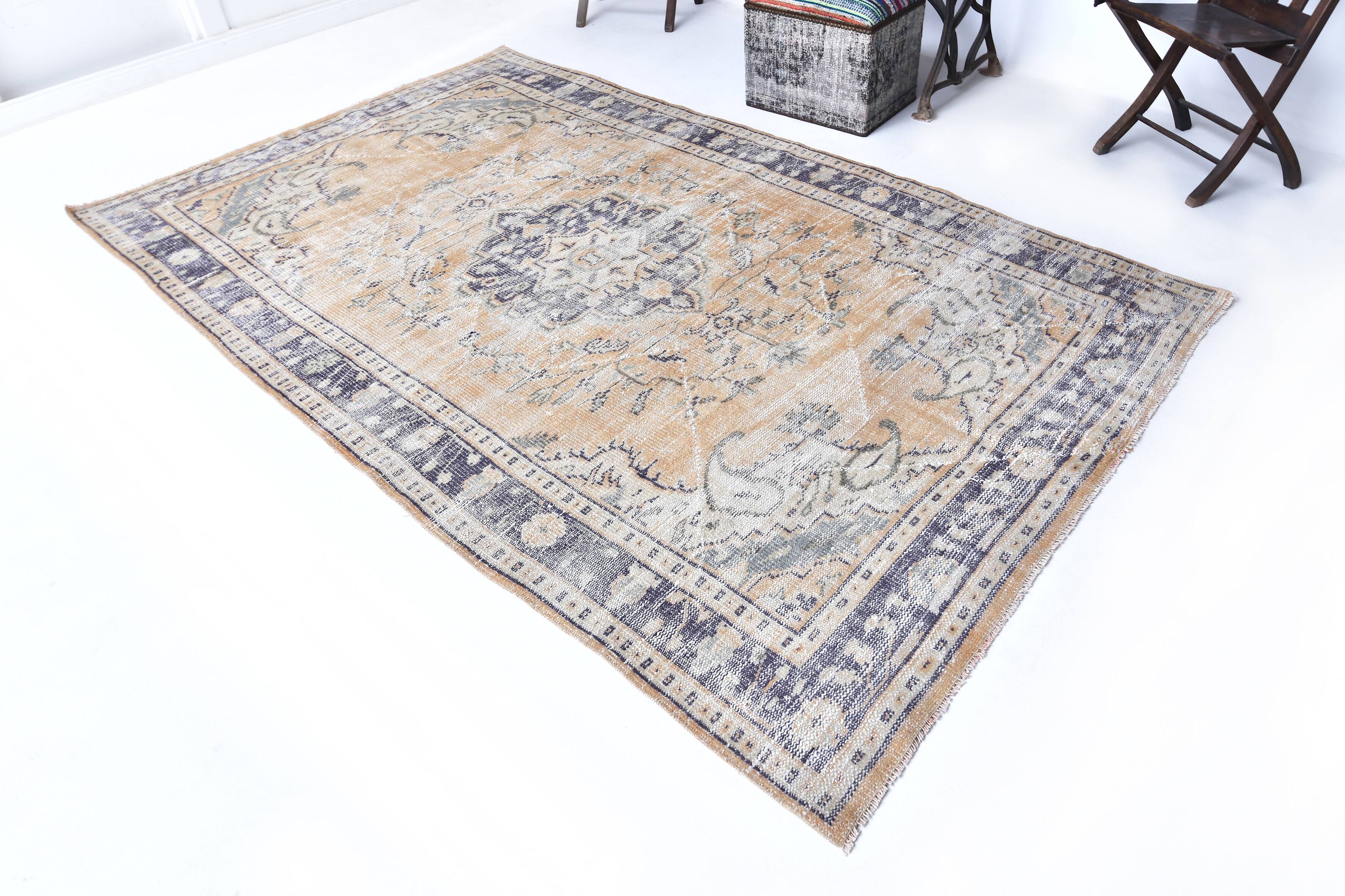 Tapis vintage en laine 270 x 165 cm, beige bleu, tapis turc vintage en laine