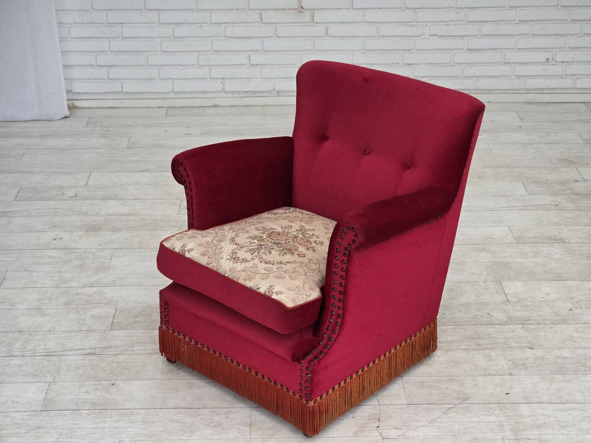 1970s, Danish armchair, furniture velour, ash wood legs.