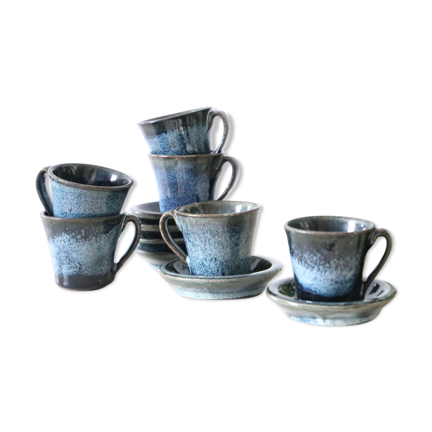 Serving of 6 cups and under cups in stoneware, Manziat, vintage