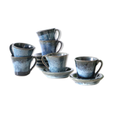 Service de 6 tasses et sous tasses en grès, Manziat, vintage