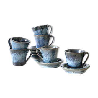 Serving of 6 cups and under cups in stoneware, Manziat, vintage