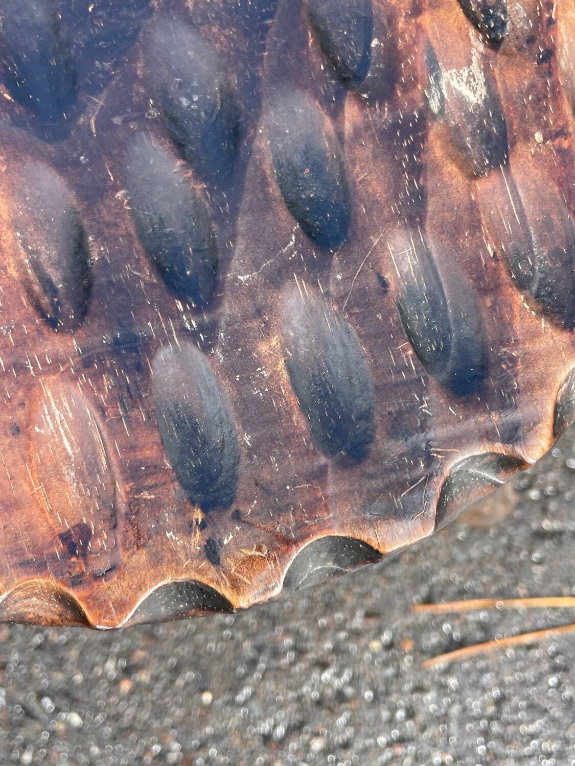 Brutalist low tripod wooden stool