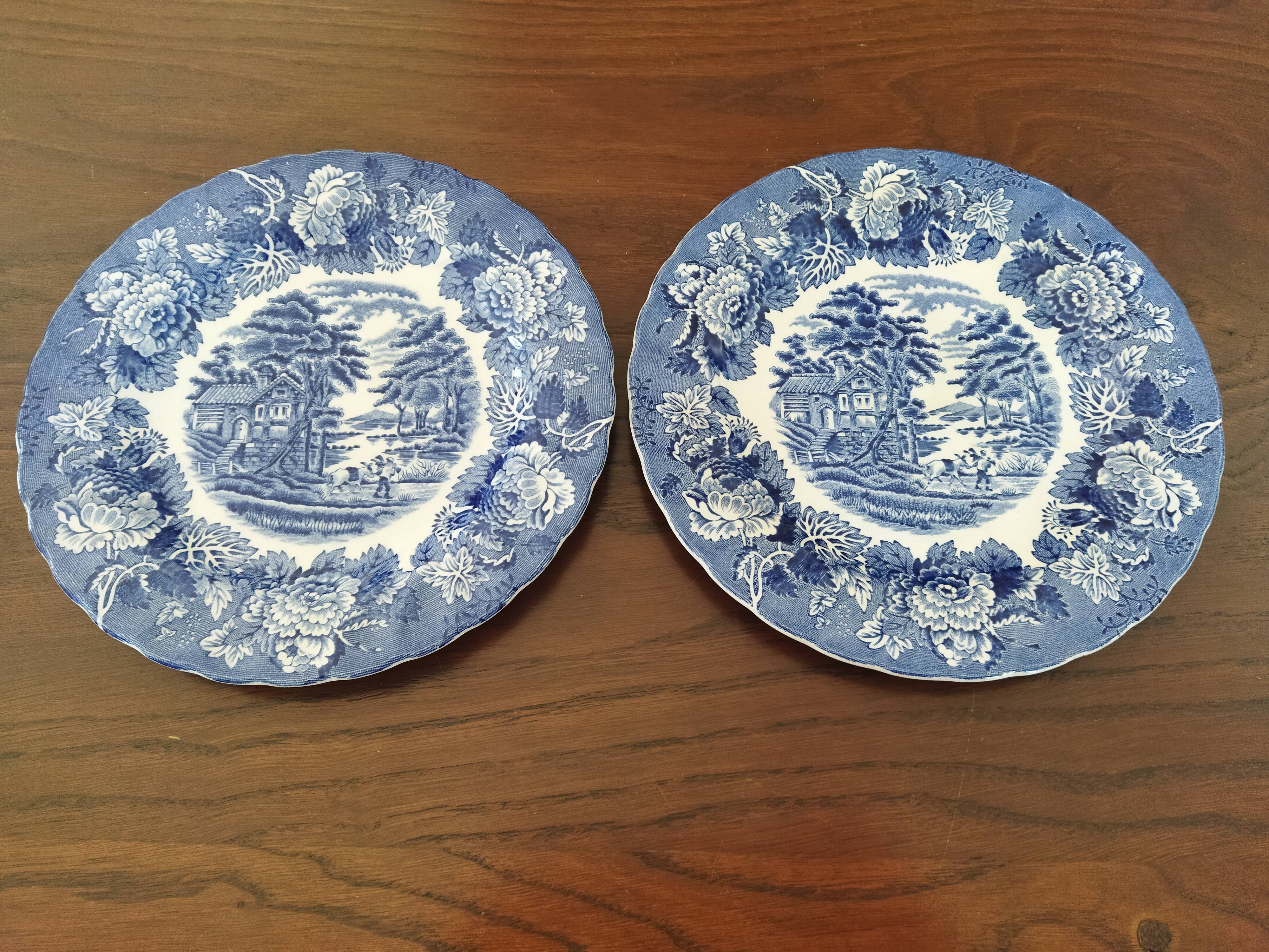 8 assiettes à dessert bleu & blanc Enoch Wood, Churchill & Lunéville