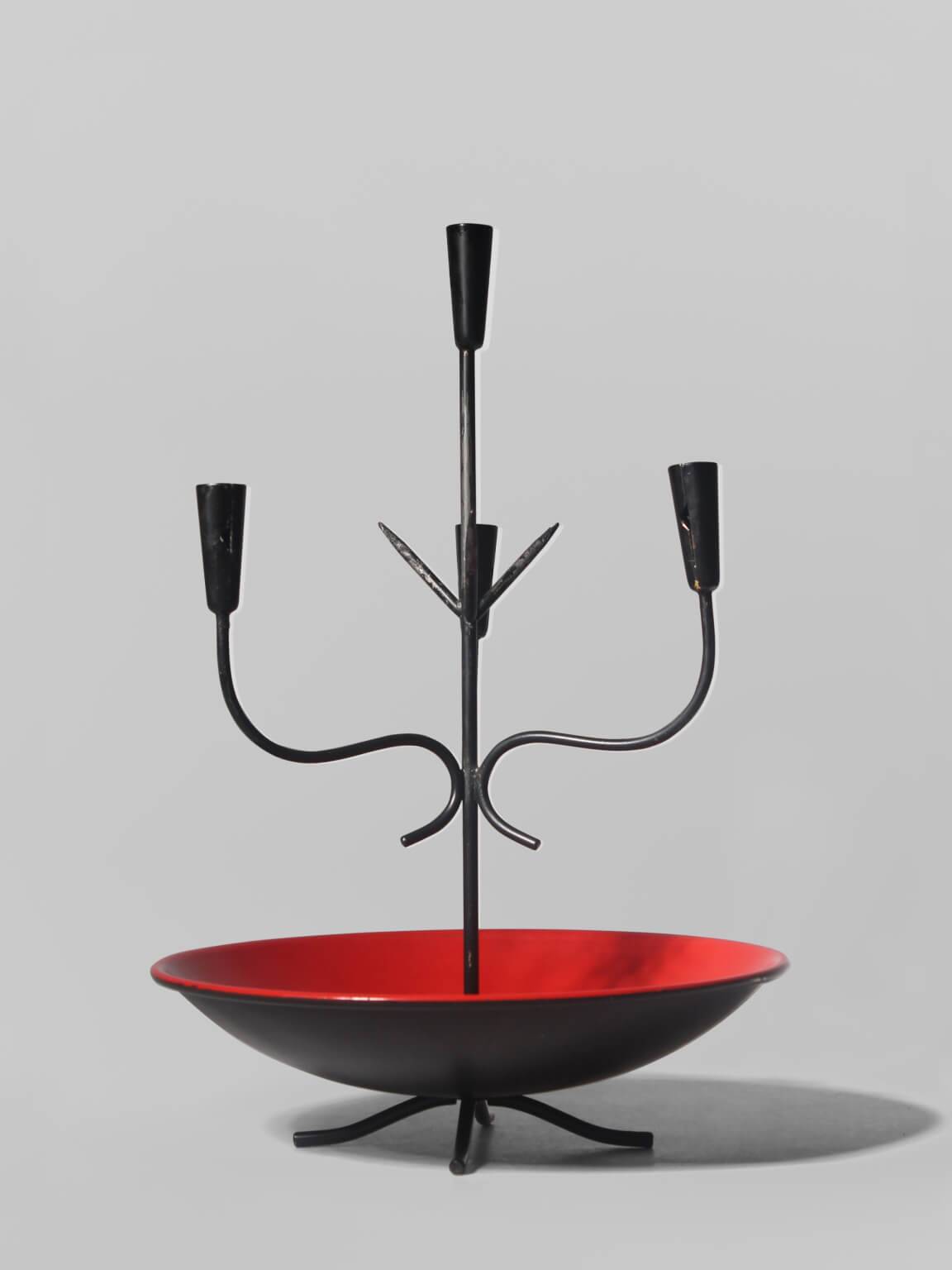 Gunnar Ander Mid-Century Vibrant Red And Black Candelabra, For Ystad Metall