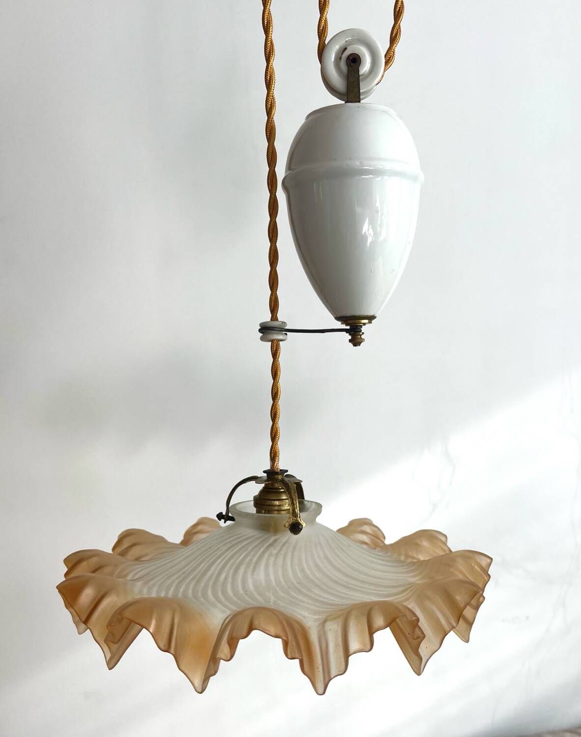 Opaline glass pendant light in ochre frilly glass, rises and falls