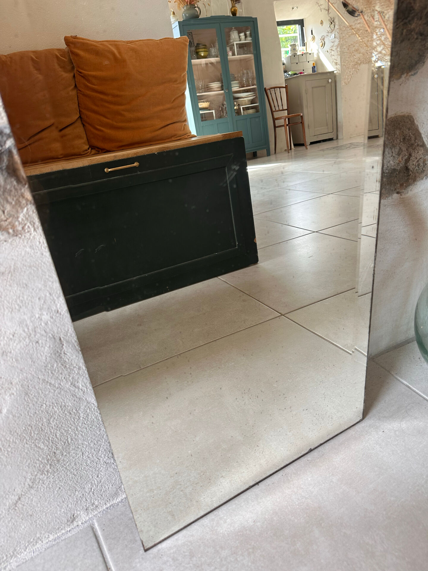 Antique large bevelled standing mirror