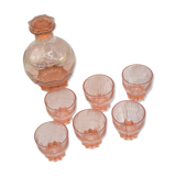Vintage pink decanter with its 6 glasses