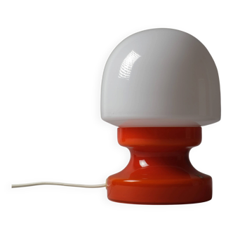 Lampe Lindshammar, verre opalin orange et blanc, champignon, Suède années 1970