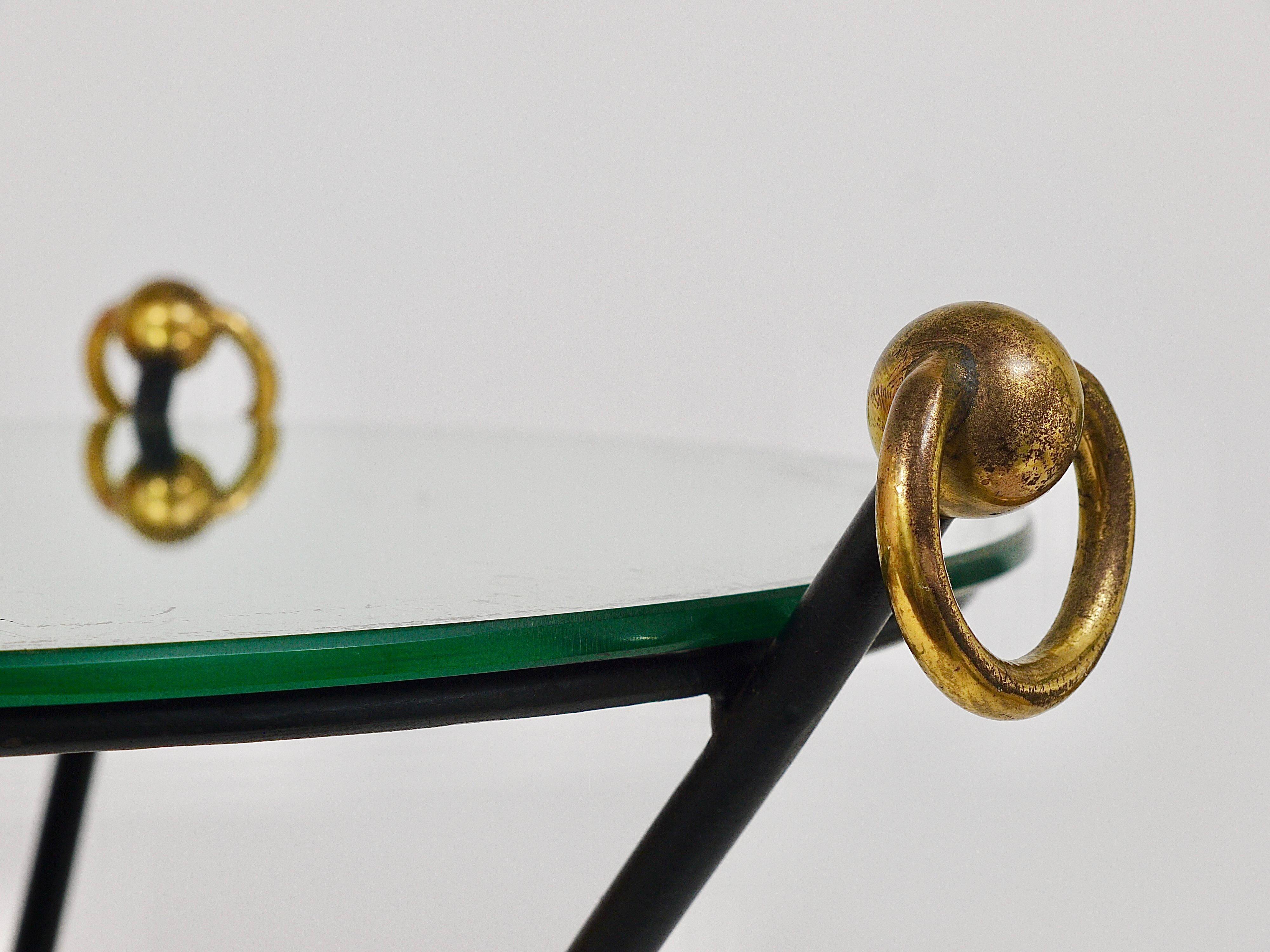 French mid-century mirror side table, Jacques Adnet style, brass, 1950s.