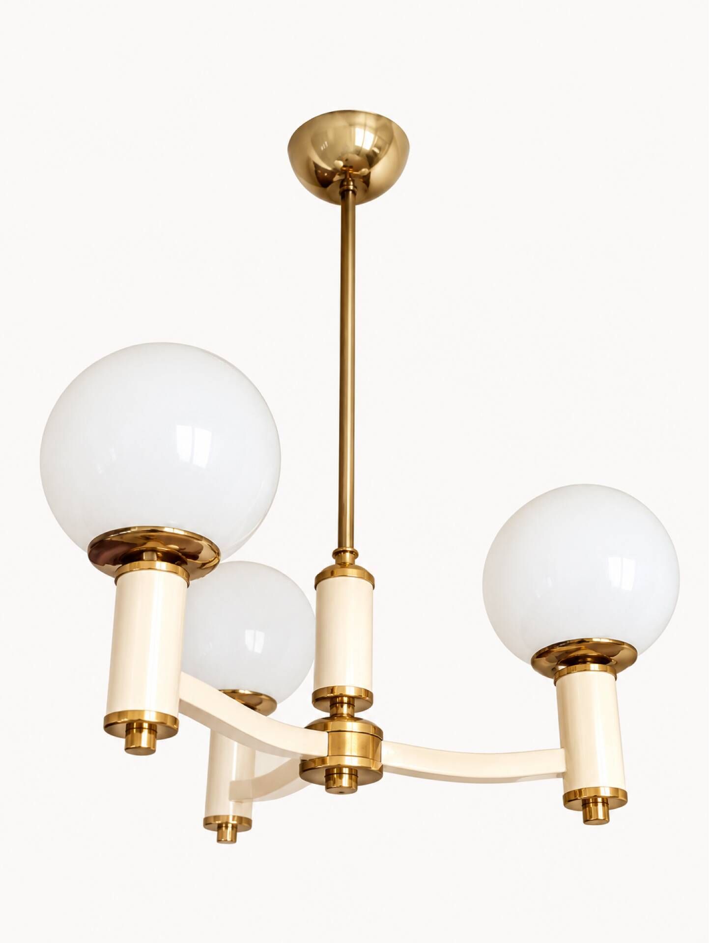 French vintage chandelier delmas montauban – 3 globes, ivory and gold