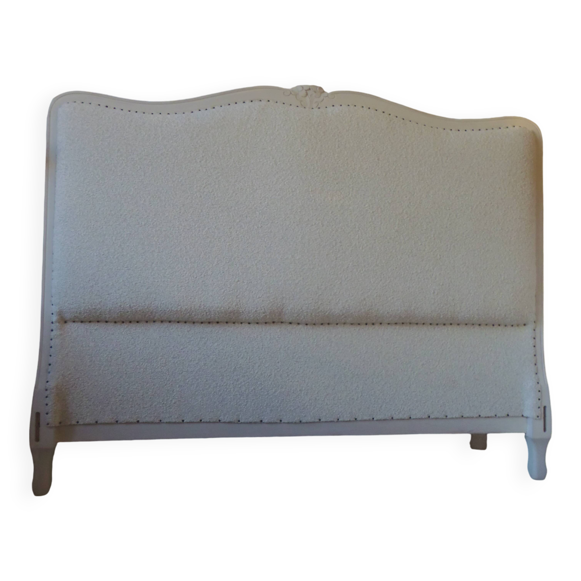 Louis XV style headboard with pearl grey patina, upholstered in off-white bouclette.