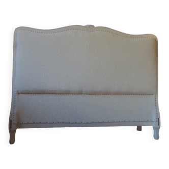 Louis XV style headboard with pearl grey patina, upholstered in off-white bouclette.