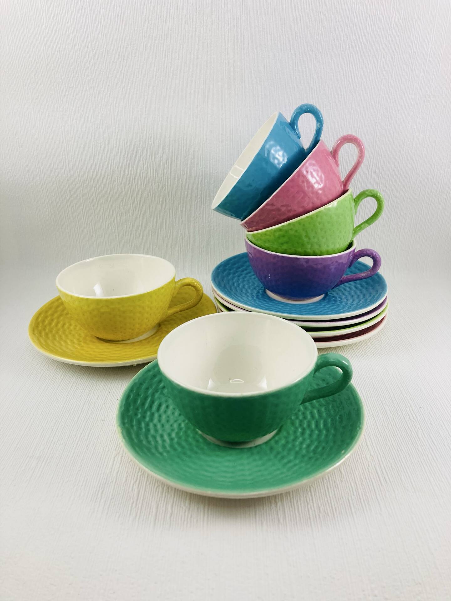 6 Vintage Cups and 6 Saucers Digoin Sarreguemines Basket Model