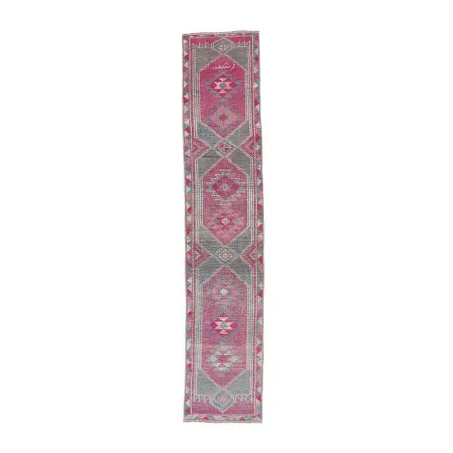 Pink-gray vintage Turkish hand-knotted tribal runner 79x390