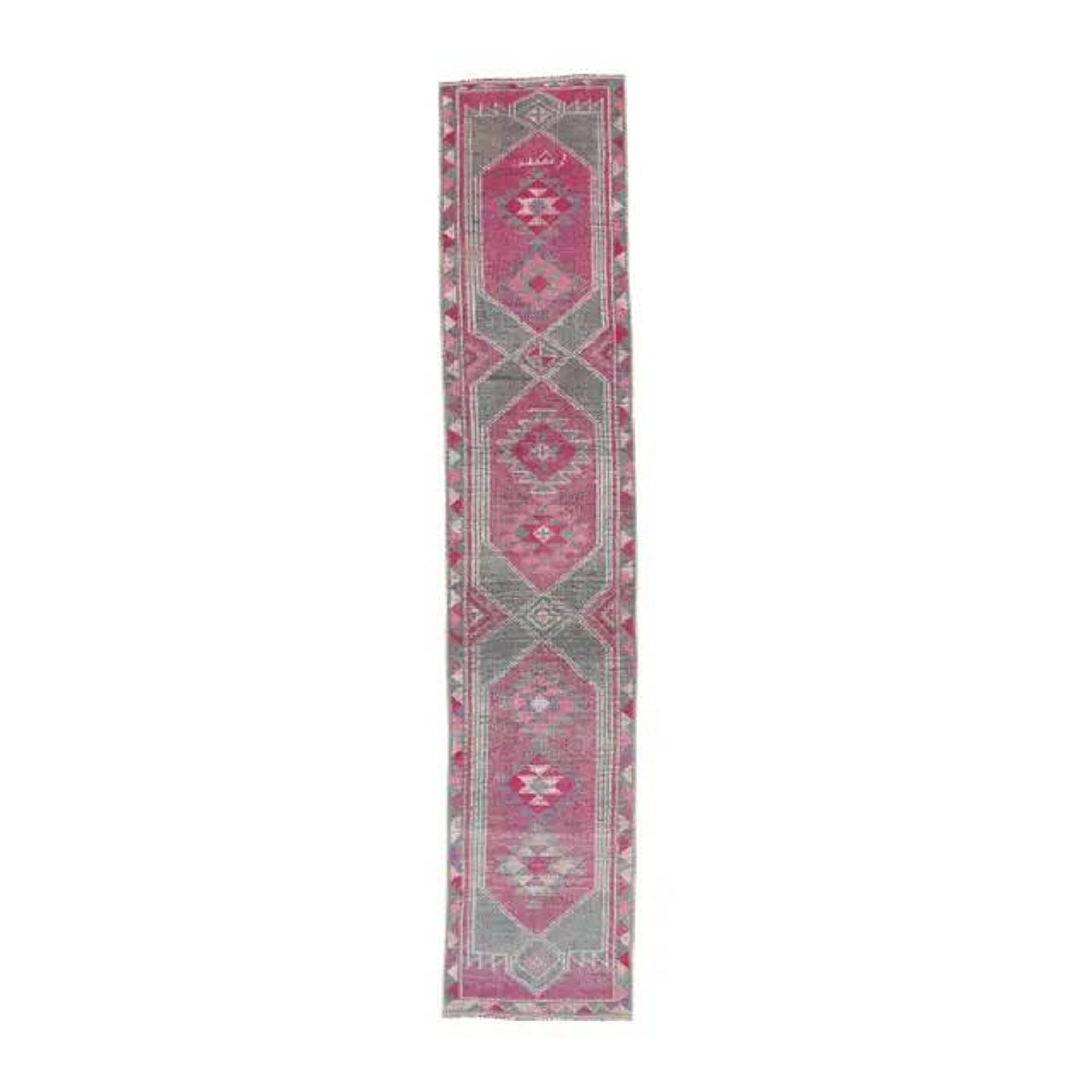 Pink-gray vintage Turkish hand-knotted tribal runner 79x390