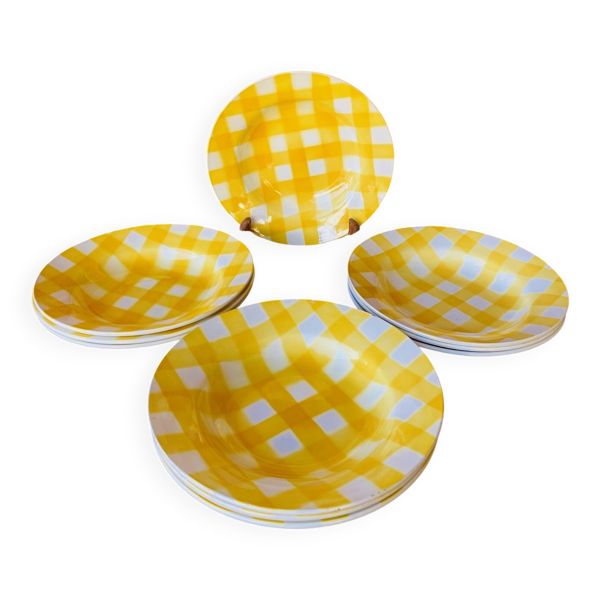 Lot de 12 assiettes creuses Digoin Sarreguemines modèle Ecossais jaune